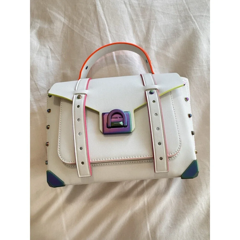 Michael Kors Manhattan Satchel Optic White Rainbow Stud Leather Bag